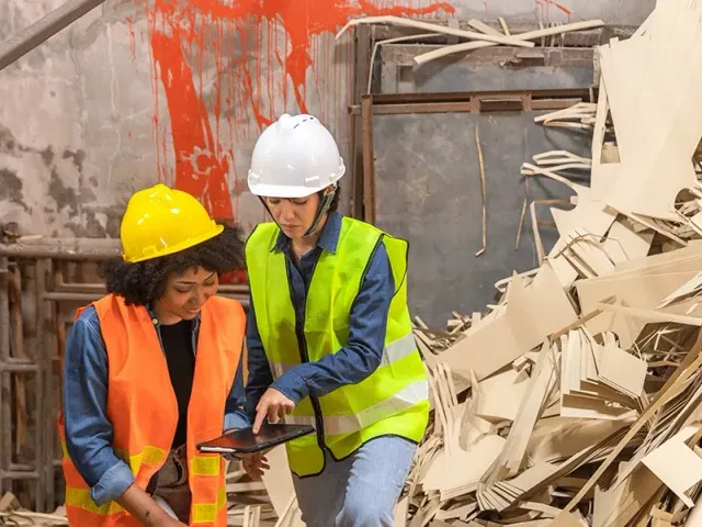 Two workers in safety clothing beside a pile of building material