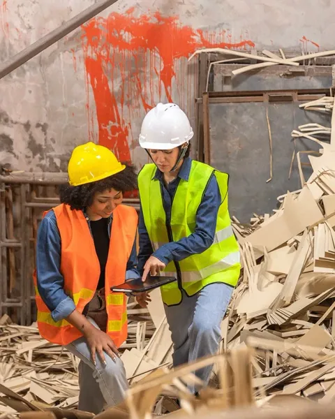 Two workers in safety clothing beside a pile of building material
