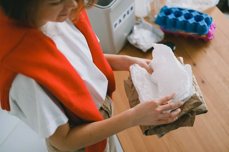 Person sorting paper and packaging waste at home